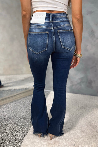 PETRA153 Brynn High Rise Distressed Hem Double Button Dark Wash Flare Jeans - Simply Me Boutique