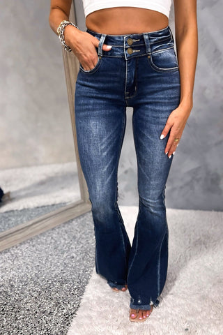 PETRA153 Brynn High Rise Distressed Hem Double Button Dark Wash Flare Jeans - Simply Me Boutique