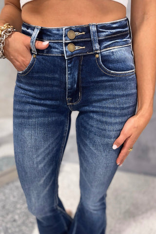 PETRA153 Brynn High Rise Distressed Hem Double Button Dark Wash Flare Jeans - Simply Me Boutique