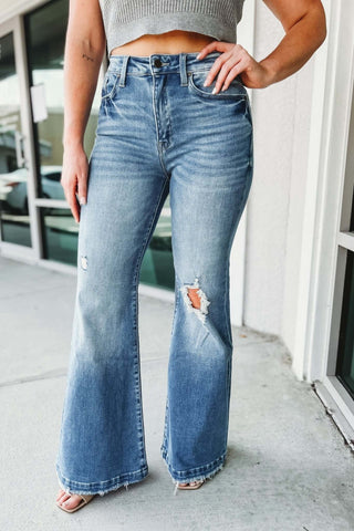 PETRA153 Candace Super High Rise Distressed Flare Jeans - Simply Me Boutique