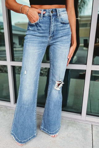 PETRA153 Candace Super High Rise Distressed Flare Jeans - Simply Me Boutique