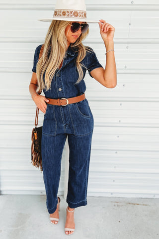 (PREORDER) KANCAN Chantelle Straight Leg Cropped Dark Wash Denim Jumpsuit - Simply Me Boutique