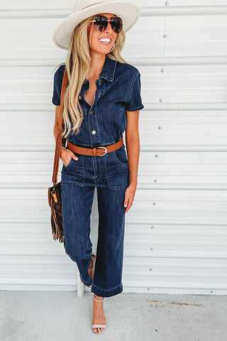 (PREORDER) KANCAN Chantelle Straight Leg Cropped Dark Wash Denim Jumpsuit - Simply Me Boutique