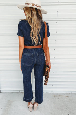 (PREORDER) KANCAN Chantelle Straight Leg Cropped Dark Wash Denim Jumpsuit - Simply Me Boutique