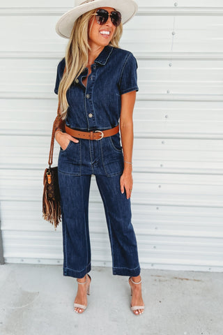 (PREORDER) KANCAN Chantelle Straight Leg Cropped Dark Wash Denim Jumpsuit - Simply Me Boutique