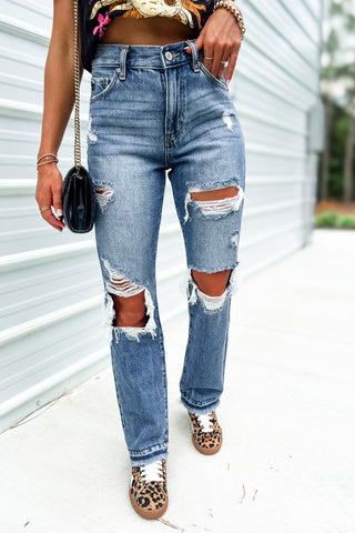 (PREORDER) KANCAN Millie High Rise Rigid Distressed Straight Jeans - Simply Me Boutique