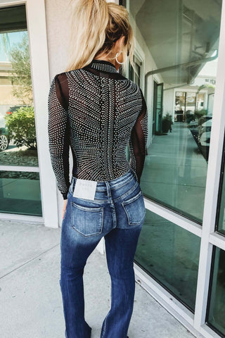 Razzle Dazzle Mesh Multicolor Iridescent Rhinestone BLACK Bodysuit - Simply Me Boutique