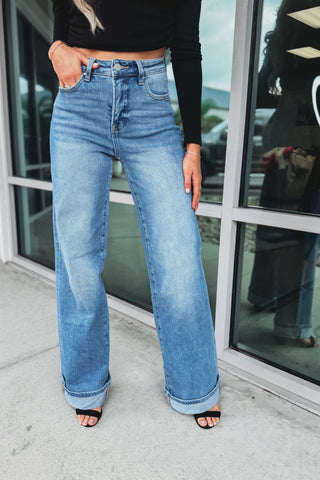RISEN Ivy High Rise Tummy Control Wide Leg Cuffed Jeans 2 Colors! - Simply Me Boutique