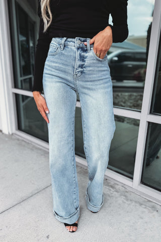 RISEN Ivy High Rise Tummy Control Wide Leg Cuffed Jeans 2 Colors! - Simply Me Boutique