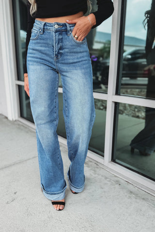 RISEN Ivy High Rise Tummy Control Wide Leg Cuffed Jeans 2 Colors! - Simply Me Boutique