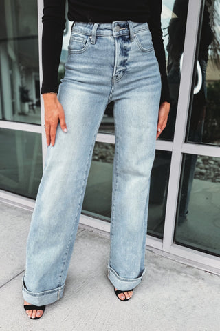 RISEN Ivy High Rise Tummy Control Wide Leg Cuffed Jeans 2 Colors! - Simply Me Boutique