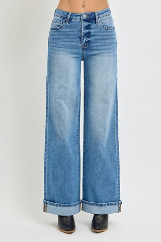 RISEN Ivy High Rise Tummy Control Wide Leg Cuffed Jeans 2 Colors! - Simply Me Boutique