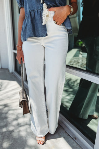 RISEN Violet High Rise Tummy Control Wide Leg White Jeans - Simply Me Boutique