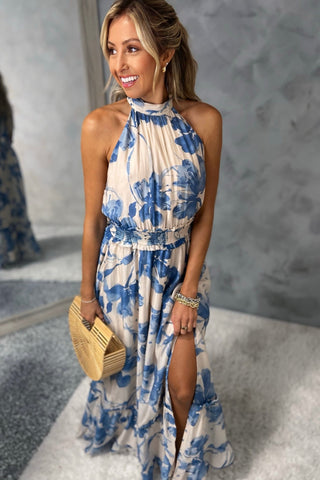 SHIPS 7/8 or before** Seaside Bloom Halter Maxi Dress - Blue Floral - Simply Me Boutique