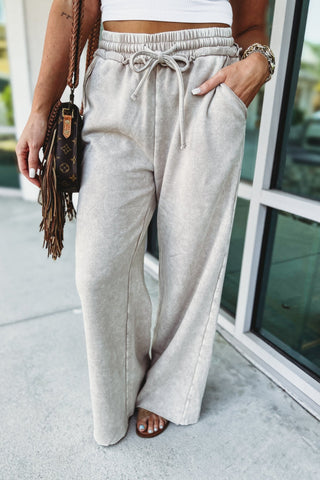 Shoreline Comfort Acid Wash Raw Hem Wide Leg Sweatpants - Simply Me Boutique