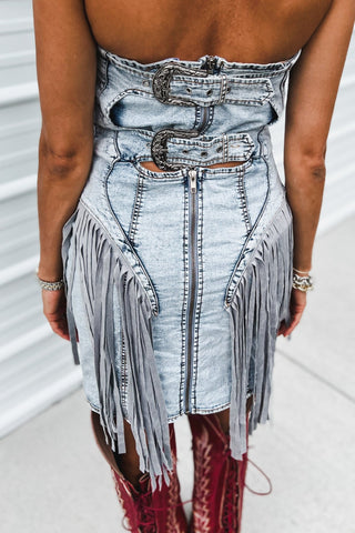 The Jolene Western Fringe Buckle Back Denim Dress - Simply Me Boutique
