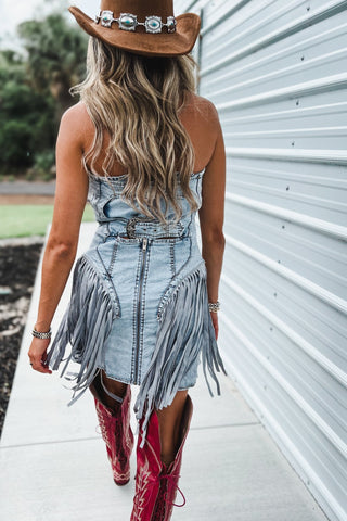 The Jolene Western Fringe Buckle Back Denim Dress - Simply Me Boutique