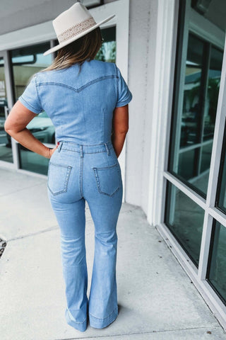 The Kelly Denim Flare Jumpsuit - Simply Me Boutique
