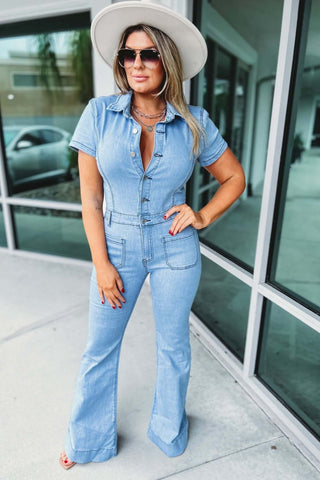 The Kelly Denim Flare Jumpsuit - Simply Me Boutique