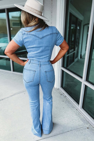 The Kelly Denim Flare Jumpsuit - Simply Me Boutique