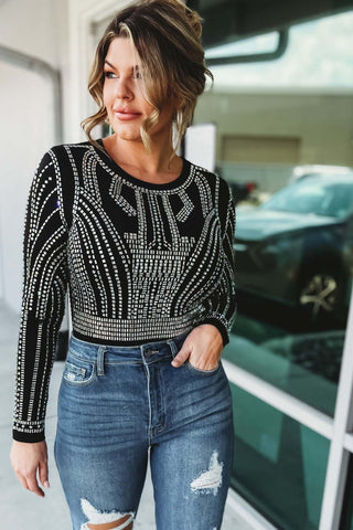 The Main Event Jewel Embellished Black Bodysuit - Simply Me Boutique