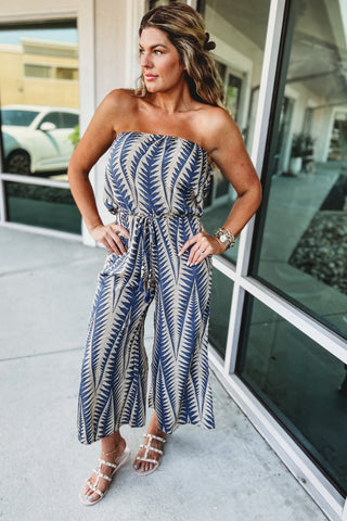 The Palm Haven Blue Strapless Jumpsuit - Simply Me Boutique