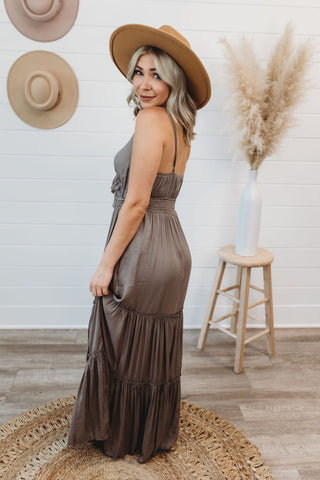 Message in a Bottle Ruffle Cut Out Silver Olive Maxi Dress