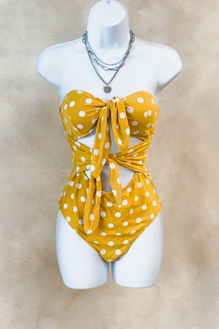 Tulum Double Knotted Yellow Polka Dot One Piece Swimsuit