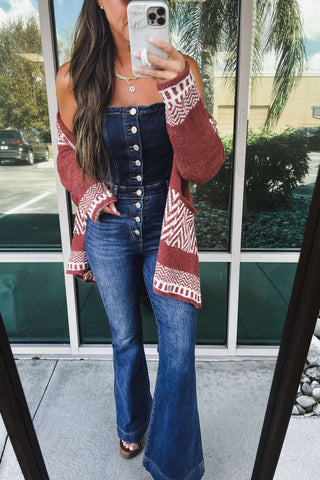 Miranda Dark Denim Flare Overalls Jumpsuit