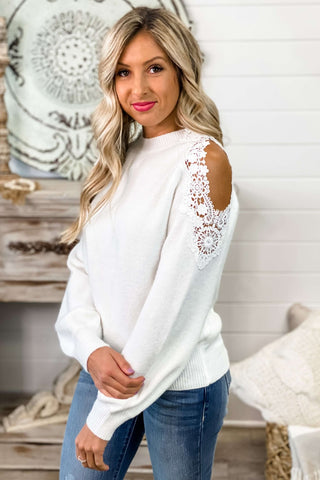 *Romantic Vibes Cold Shoulder Lace Ivory Sweater - Simply Me Boutique