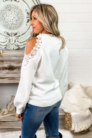 *Romantic Vibes Cold Shoulder Lace Ivory Sweater - Simply Me Boutique