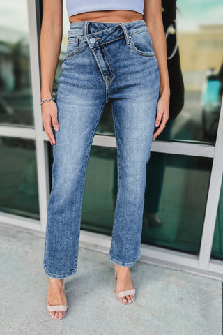 RISEN Alexa High Rise Crossover Straight Leg Jeans