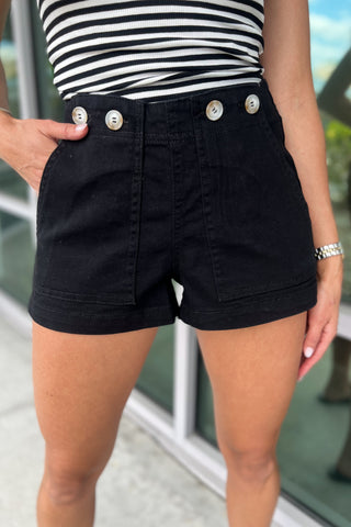 Soft Washed Button Front Black Shorts