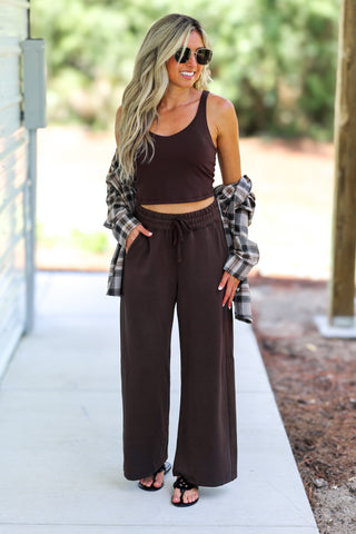 Luxe Scuba Wide Leg Cropped Pants (Espresso)