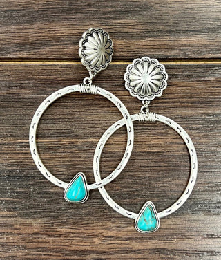 Big Boho Concho Turquoise Silver Hoop Earrings