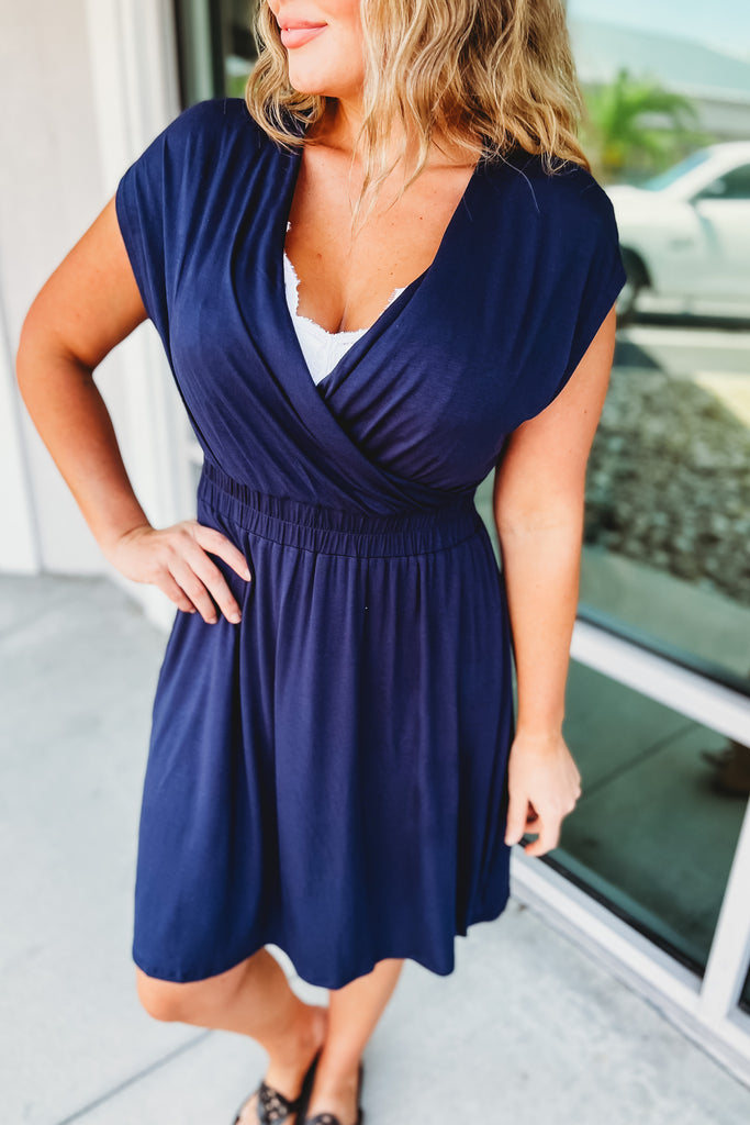 One More Wish Navy Faux Wrap Top Dress