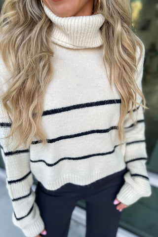 Taupe Stripe Cozy Turtleneck Sweater