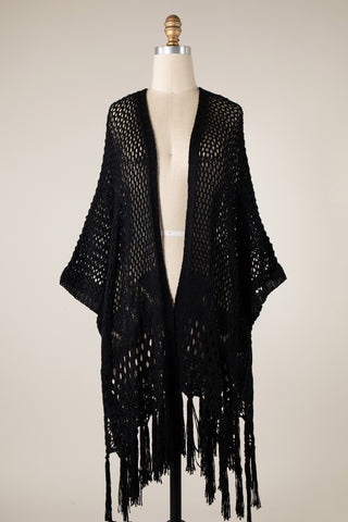 Everyday Wanderer Open Knit Crochet Fringe Cardigan (Black)