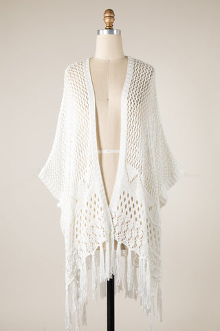 Everyday Wanderer Open Knit Crochet Fringe Cardigan (White)