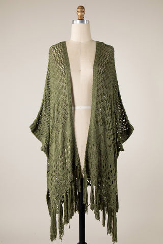 Everyday Wanderer Open Knit Crochet Fringe Cardigan (Olive)