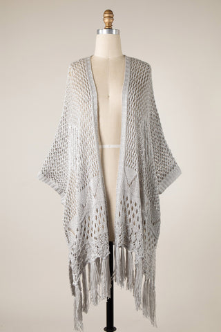Everyday Wanderer Open Knit Crochet Fringe Cardigan (Grey)
