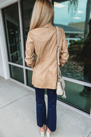 Venti 6 Nothing Can Compare Ruched Sleeve Faux Leather Nude Blazer