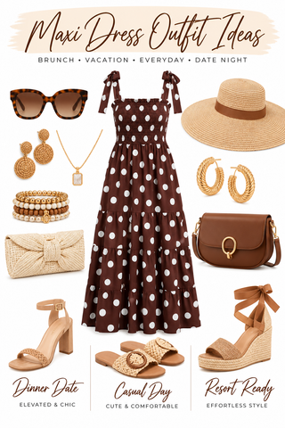 Sweet Caroline Smocked Polka Dot Midi Dress (Chocolate Brown)