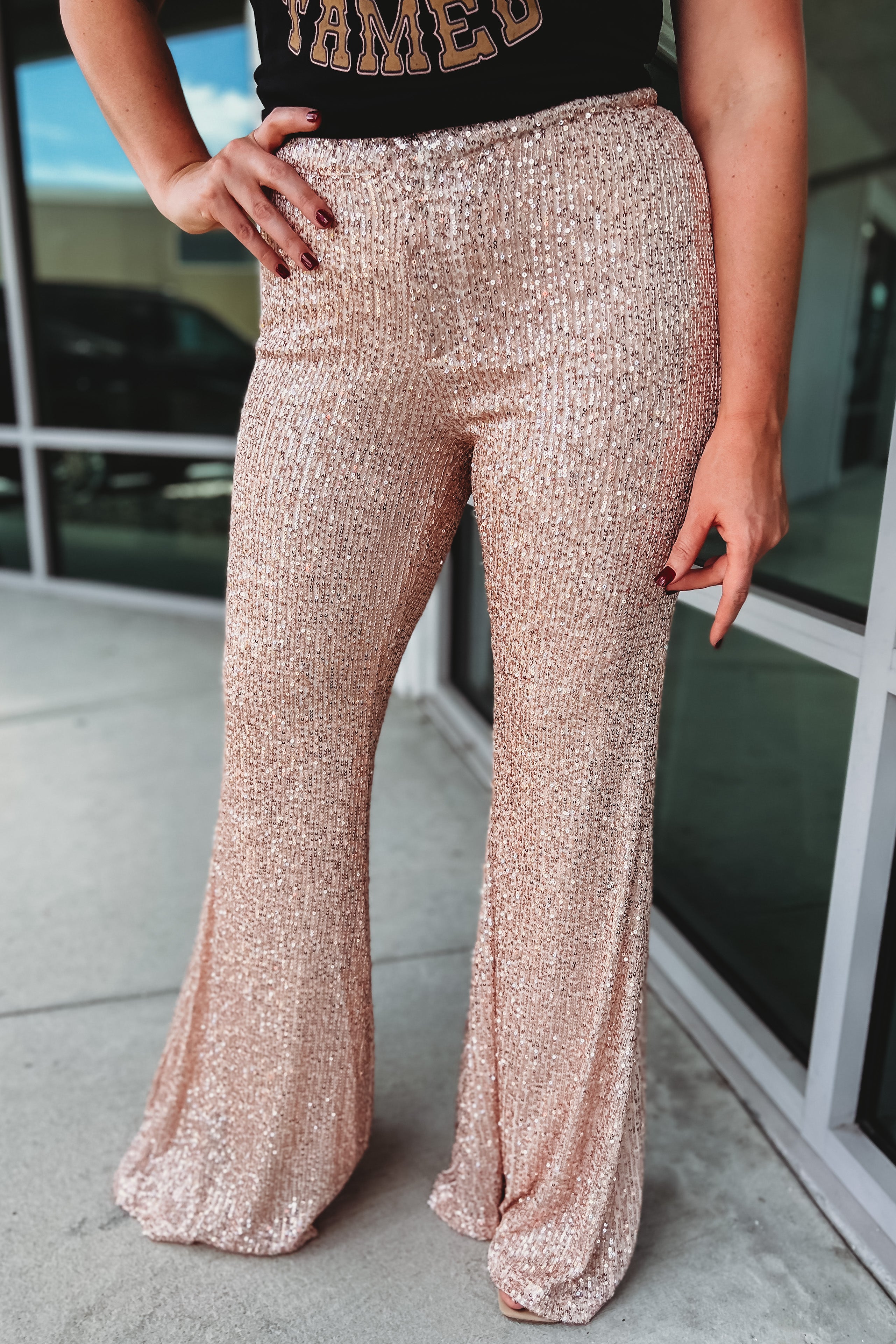 One Step Away Sequin Flared Pants Shop Simply Me boutique – Simply