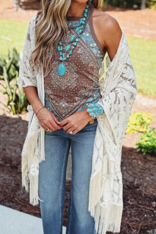 One Size Embroidered Fringe Cream Kimono