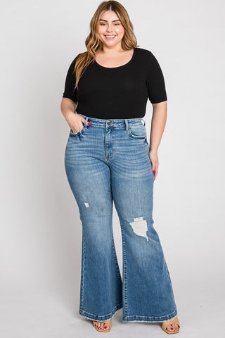 PETRA153 Candace Super High Rise Distressed Flare Jeans