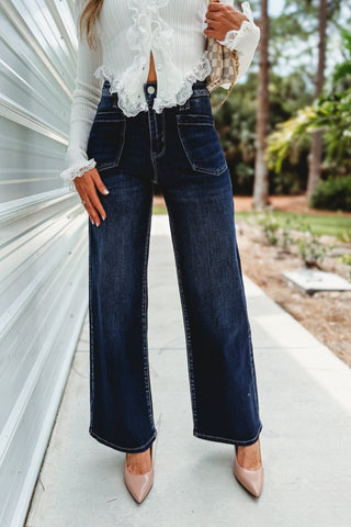 PETRA153 Florence High Rise Wide Leg Dark Wash Jeans (PREORDER)