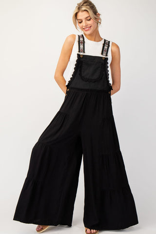 Free Spirit Lace Trim Wide Leg Overalls (Black)