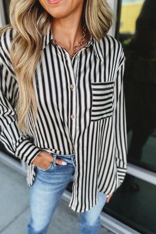 Girl Bossing Satin Striped Button Down Top
