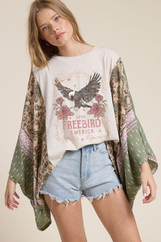 Free Bird Kaftan Paisley Print Kimono Top (BONE)
